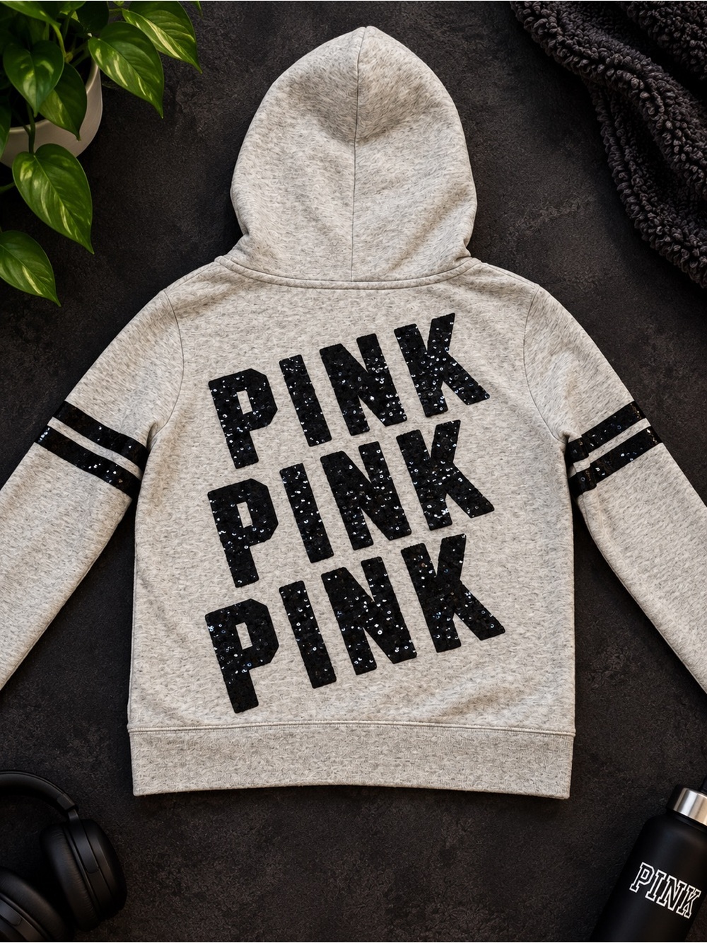 PINK Victoria's Secret Light Gray Zip-Up Hooded Jacket with Black Stripes